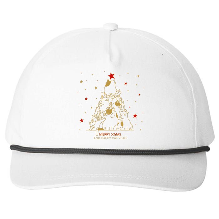 Funny Merry XMas and Happy Cat Year Christmas Tree Snapback Five-Panel Rope Hat