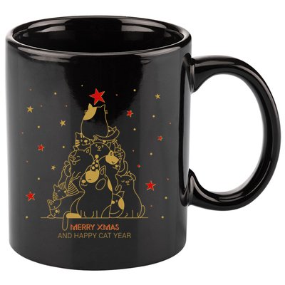 Funny Merry XMas and Happy Cat Year Christmas Tree 11oz C Handle Ceramic Mug
