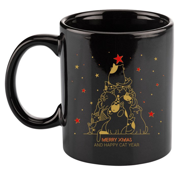 Funny Merry XMas and Happy Cat Year Christmas Tree 11oz C Handle Ceramic Mug