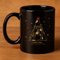 Funny Merry XMas and Happy Cat Year Christmas Tree 11oz C Handle Ceramic Mug
