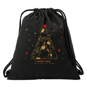 Funny Merry XMas and Happy Cat Year Christmas Tree Drawstring Bag