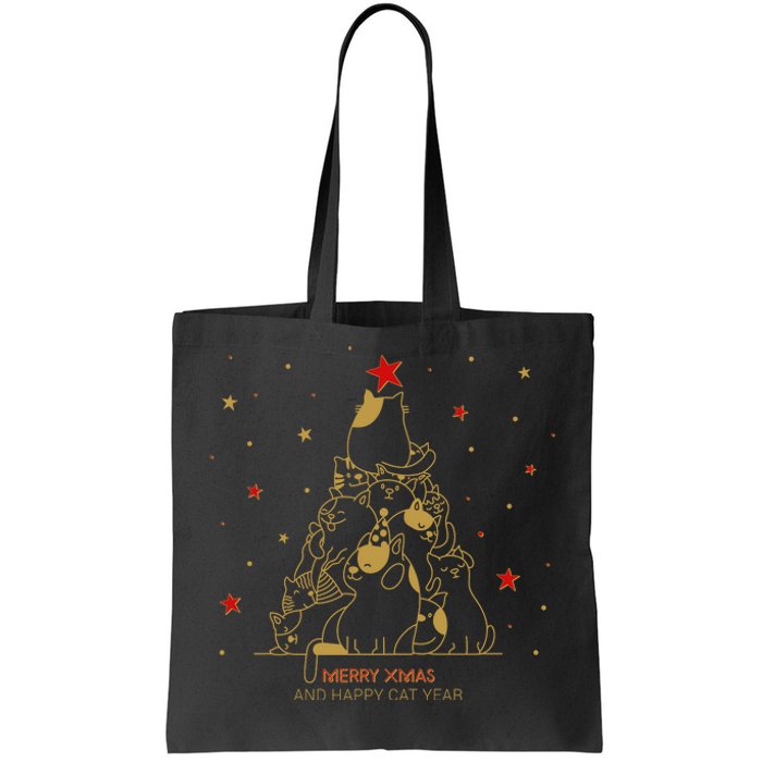 Funny Merry XMas and Happy Cat Year Christmas Tree Tote Bag