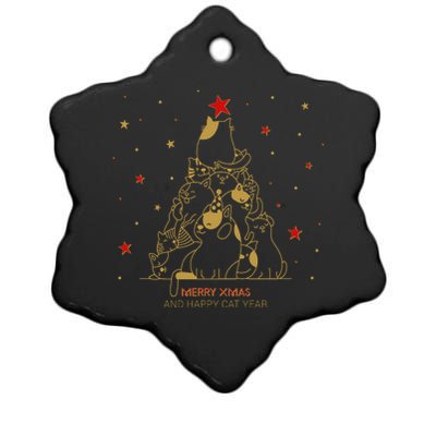 Funny Merry XMas and Happy Cat Year Christmas Tree Ceramic Star Ornament