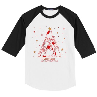 Funny Merry XMas and Happy Cat Year Christmas Tree Baseball Sleeve Shirt