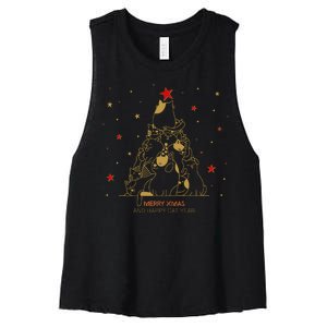 Funny Merry XMas and Happy Cat Year Christmas Tree Women's Racerback Cropped Tank