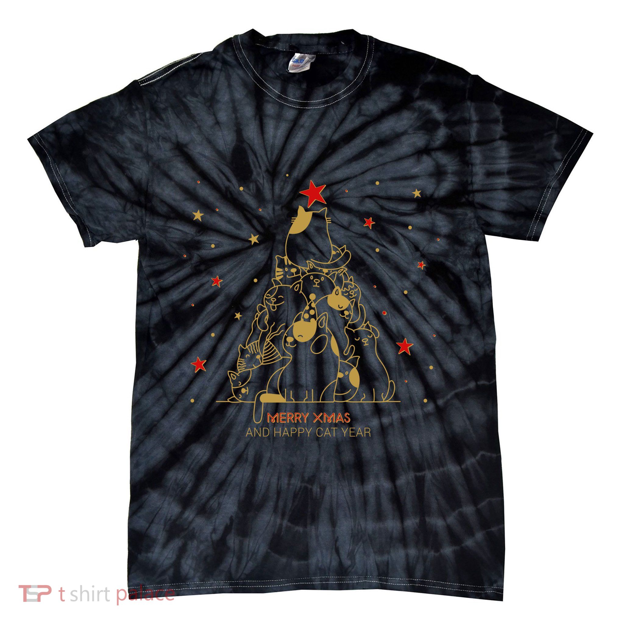 Funny Merry XMas and Happy Cat Year Christmas Tree Tie-Dye T-Shirt