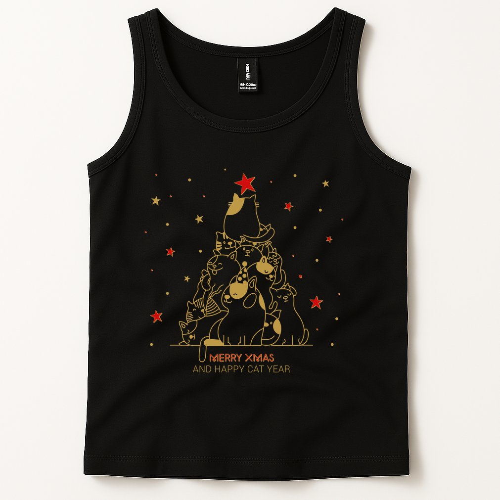Funny Merry XMas and Happy Cat Year Christmas Tree Tank Top