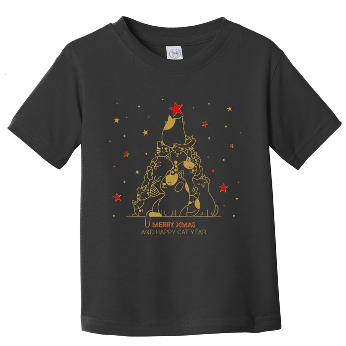 Funny Merry XMas and Happy Cat Year Christmas Tree Toddler T-Shirt