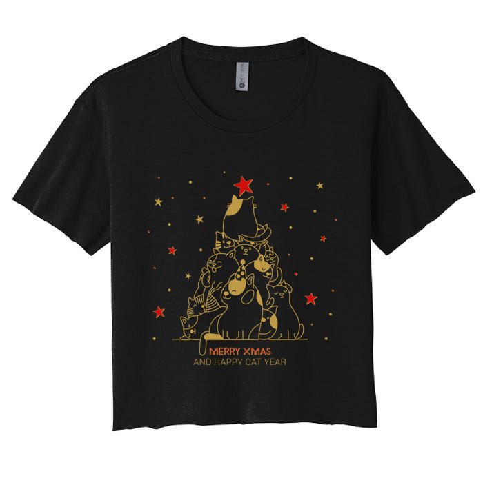 Funny Merry XMas and Happy Cat Year Christmas Tree Crop Top