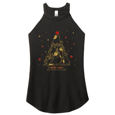 Funny Merry XMas and Happy Cat Year Christmas Tree Women's Perfect Tri Rocker Tank
