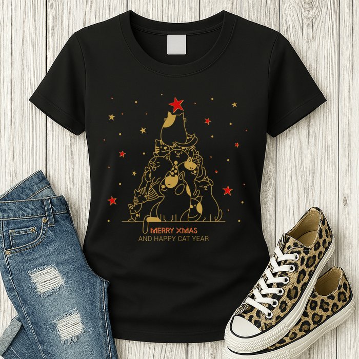 Funny Merry XMas and Happy Cat Year Christmas Tree Womens T-Shirt