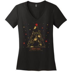 Funny Merry XMas and Happy Cat Year Christmas Tree Women's V-Neck T-Shirt