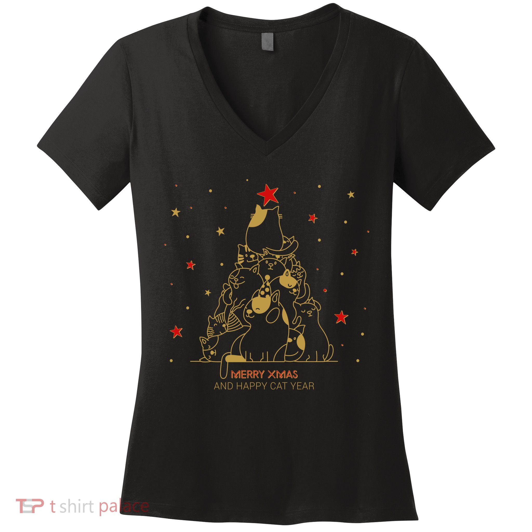 Funny Merry XMas and Happy Cat Year Christmas Tree Women's V-Neck T-Shirt