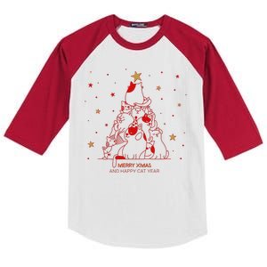 Funny Merry XMas and Happy Cat Year Christmas Tree Kids Colorblock Raglan Jersey