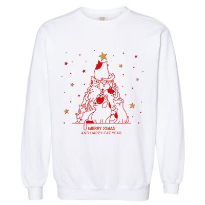 Funny Merry XMas and Happy Cat Year Christmas Tree Garment-Dyed Sweatshirt