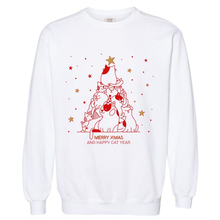 Funny Merry XMas and Happy Cat Year Christmas Tree Garment-Dyed Sweatshirt