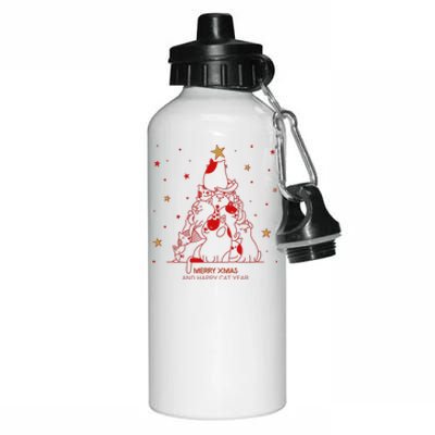 Funny Merry XMas and Happy Cat Year Christmas Tree Aluminum Water Bottle 