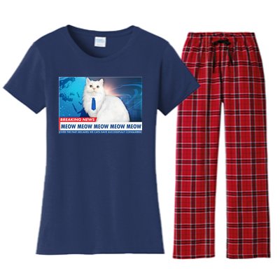 Funny News Anchor Cat Women's Flannel Pajama Set