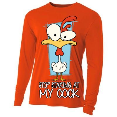 Funny Offensive Stop Staring At My Cock Cooling Performance Long Sleeve Crew