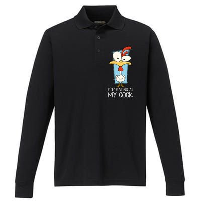 Funny Offensive Stop Staring At My Cock Performance Long Sleeve Polo