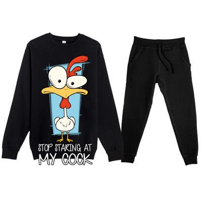 Funny Offensive Stop Staring At My Cock Premium Crewneck Sweatsuit Set