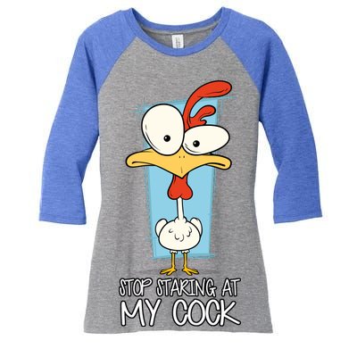 Funny Offensive Stop Staring At My Cock Women's Tri-Blend 3/4-Sleeve Raglan Shirt