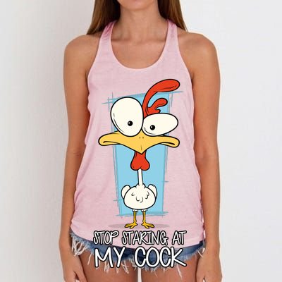 Funny Offensive Stop Staring At My Cock Women's Knotted Racerback Tank