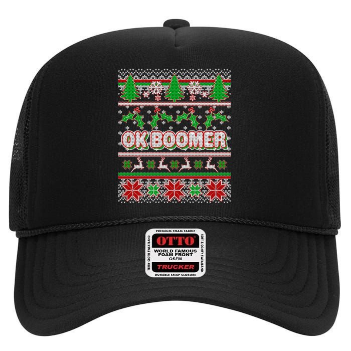 Funny OK Boomer Ugly Christmas High Crown Mesh Back Trucker Hat