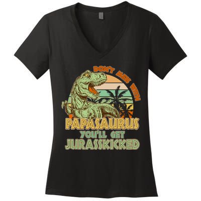 Funny Papa Don't Mess With Papasaurus Women's V-Neck T-Shirt