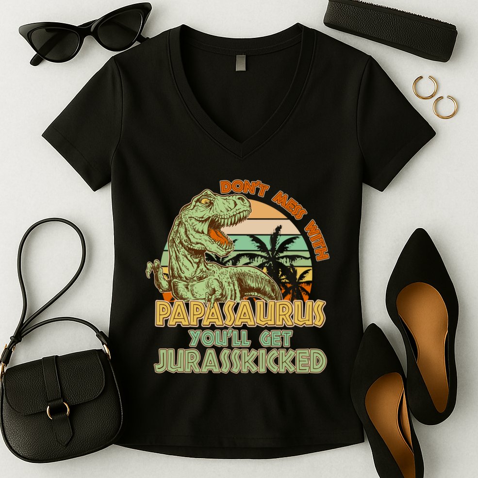 Funny Papa Don't Mess With Papasaurus Women's V-Neck T-Shirt