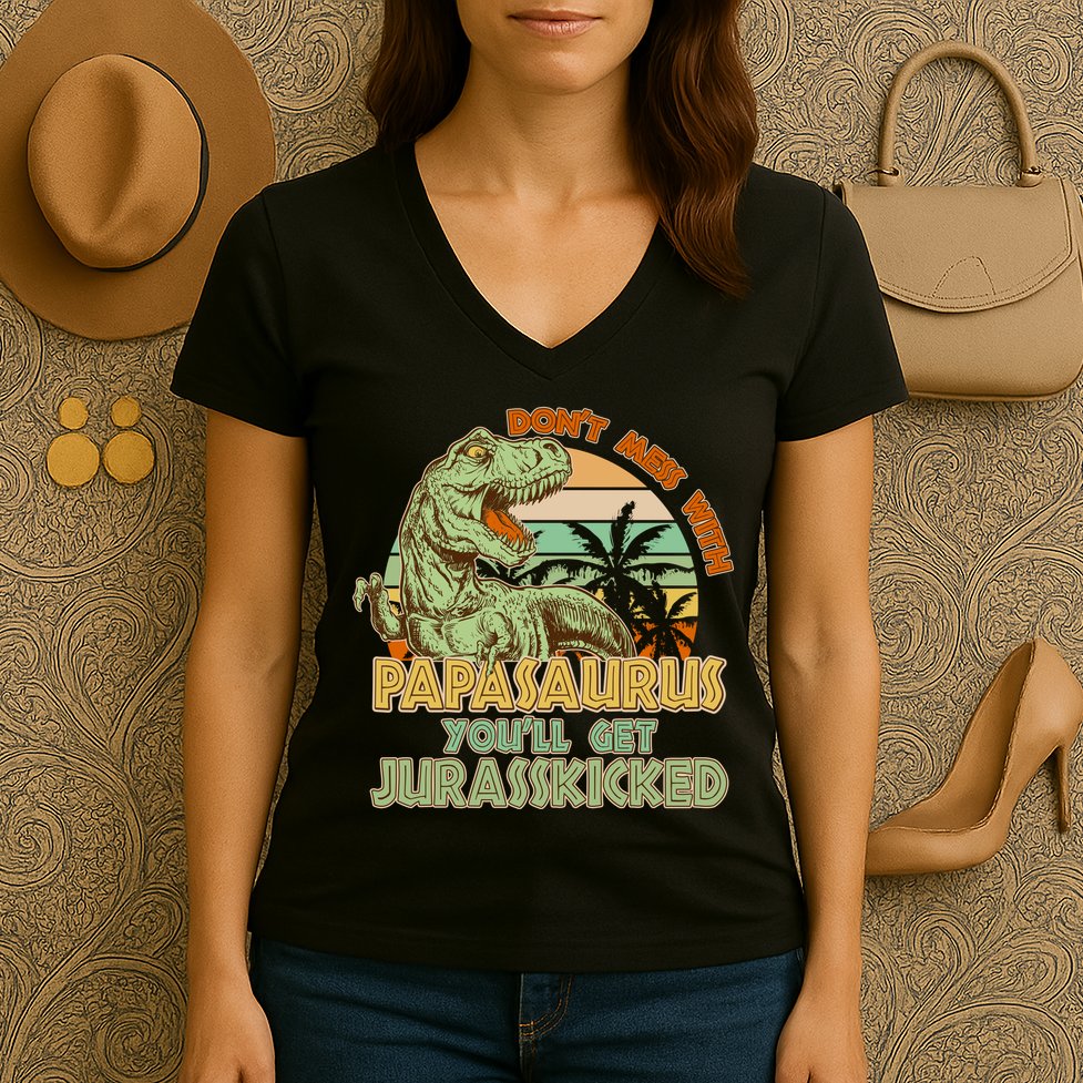 Funny Papa Don't Mess With Papasaurus Women's V-Neck T-Shirt