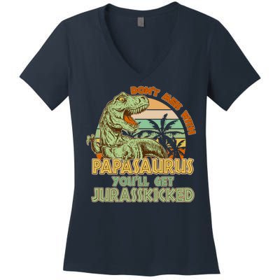 Funny Papa Don't Mess With Papasaurus Women's V-Neck T-Shirt