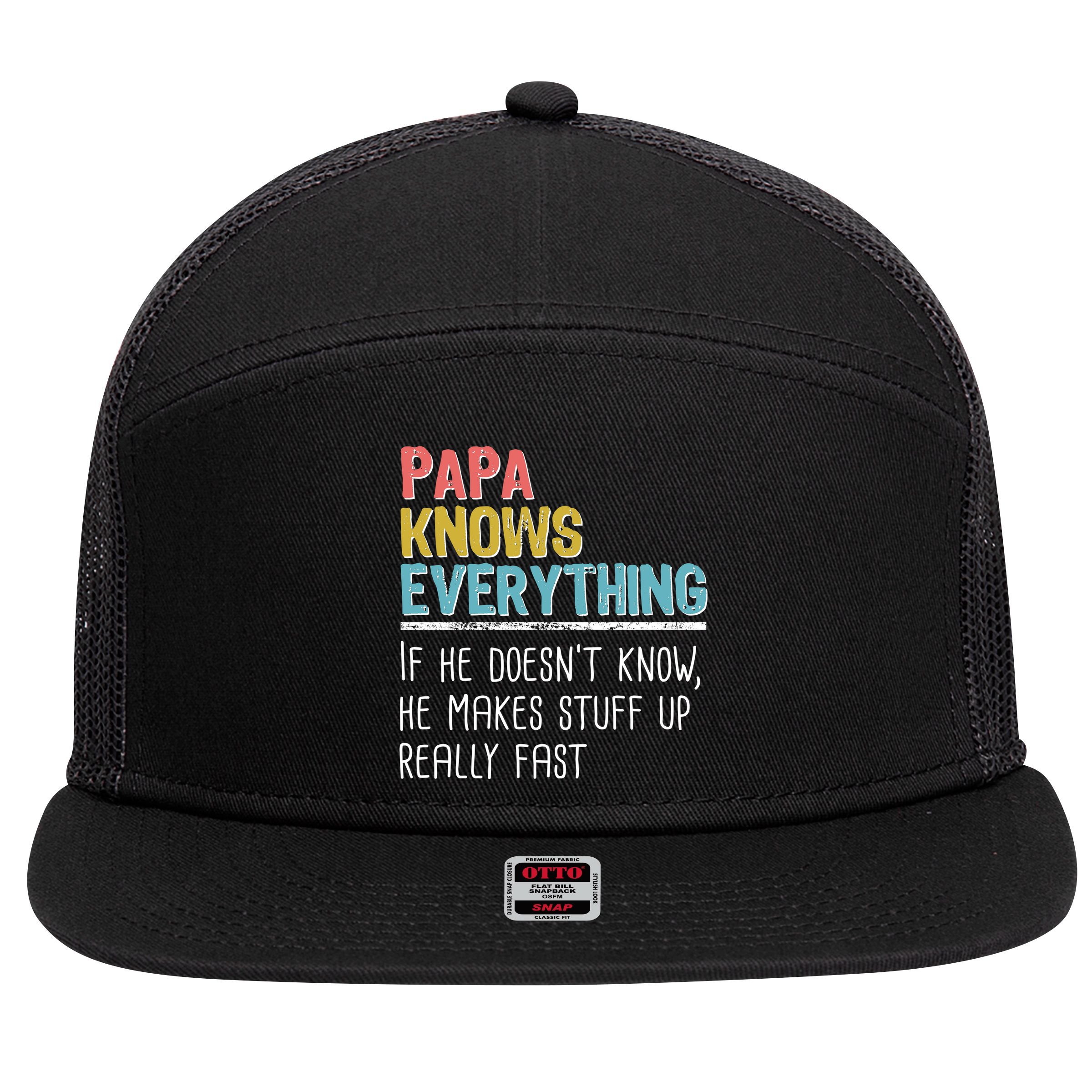 Funny Papa Knows Everything 7 Panel Mesh Trucker Snapback Hat
