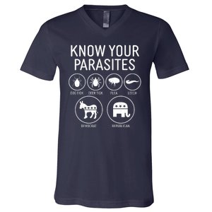 Funny Political Meme Know Your Parasites V-Neck T-Shirt