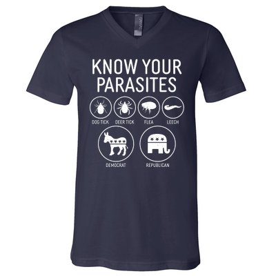 Funny Political Meme Know Your Parasites V-Neck T-Shirt