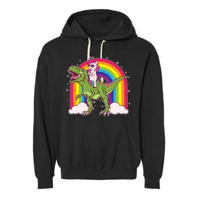 Funny Rainbow Unicorn Riding T-Rex Dinosaur Garment-Dyed Fleece Hoodie