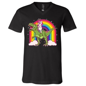 Funny Rainbow Unicorn Riding T-Rex Dinosaur V-Neck T-Shirt