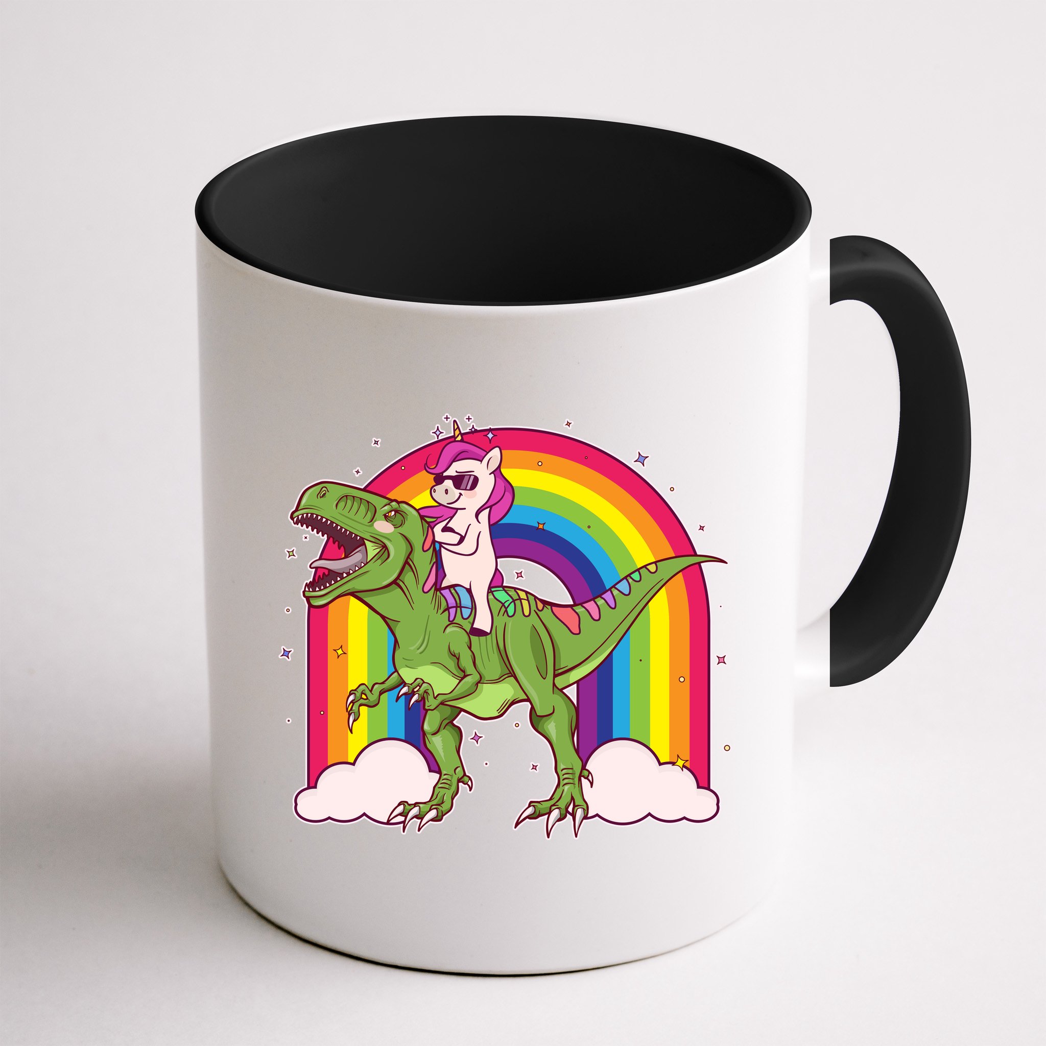 Funny Rainbow Unicorn Riding T-Rex Dinosaur Mug