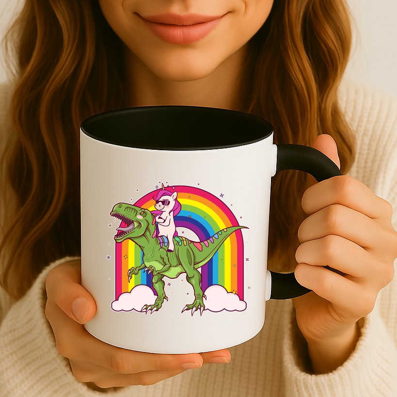 Funny Rainbow Unicorn Riding T-Rex Dinosaur Mug