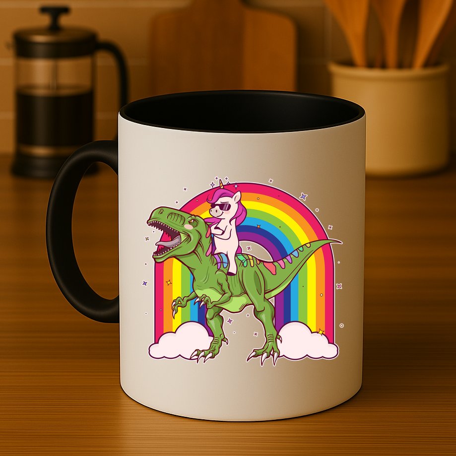 Funny Rainbow Unicorn Riding T-Rex Dinosaur Mug