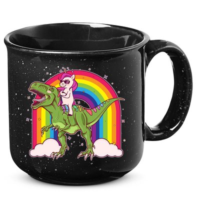 Funny Rainbow Unicorn Riding T-Rex Dinosaur 15oz Campfire Ceramic Mug