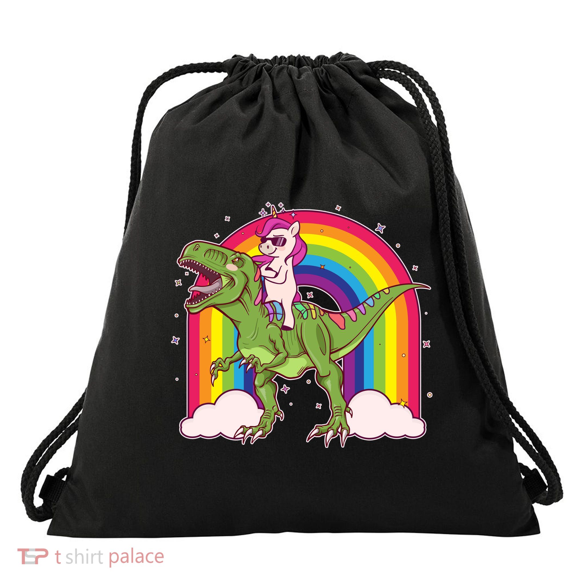 Funny Rainbow Unicorn Riding T-Rex Dinosaur Drawstring Bag