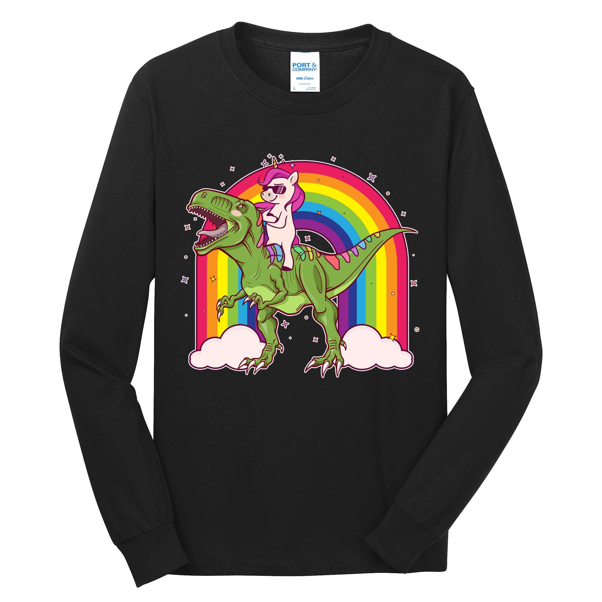 Funny Rainbow Unicorn Riding T-Rex Dinosaur Tall Long Sleeve T-Shirt