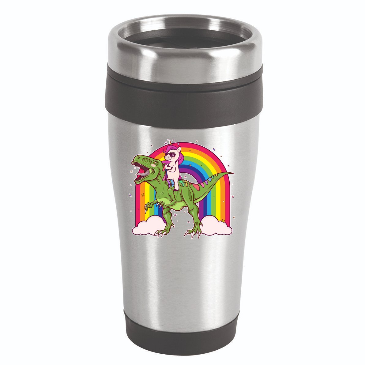 Funny Rainbow Unicorn Riding T-Rex Dinosaur 16oz Travel Tumbler