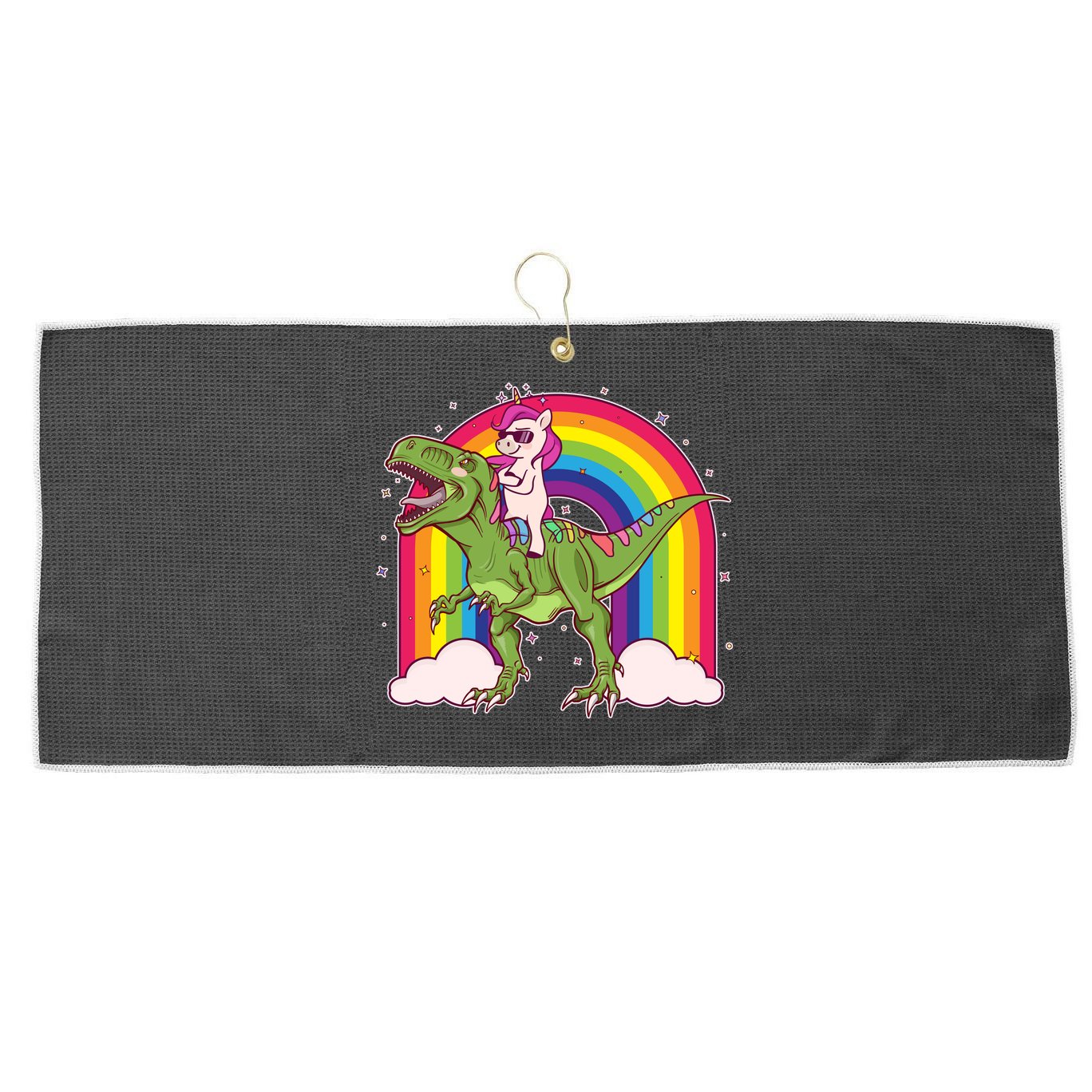 Funny Rainbow Unicorn Riding T-Rex Dinosaur Large Microfiber Waffle Golf Towel