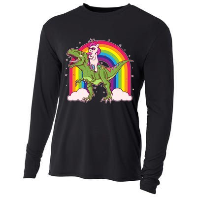 Funny Rainbow Unicorn Riding T-Rex Dinosaur Cooling Performance Long Sleeve Crew