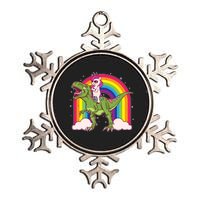 Funny Rainbow Unicorn Riding T-Rex Dinosaur Metallic Star Ornament