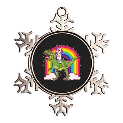 Funny Rainbow Unicorn Riding T-Rex Dinosaur Metallic Star Ornament