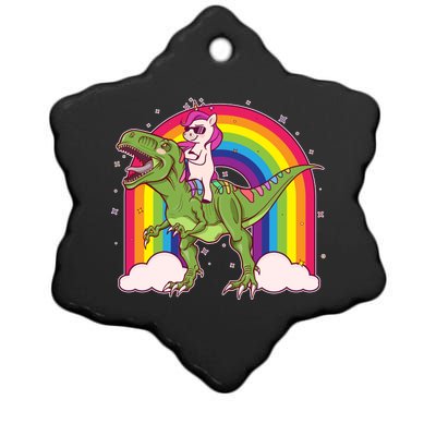 Funny Rainbow Unicorn Riding T-Rex Dinosaur Ceramic Star Ornament