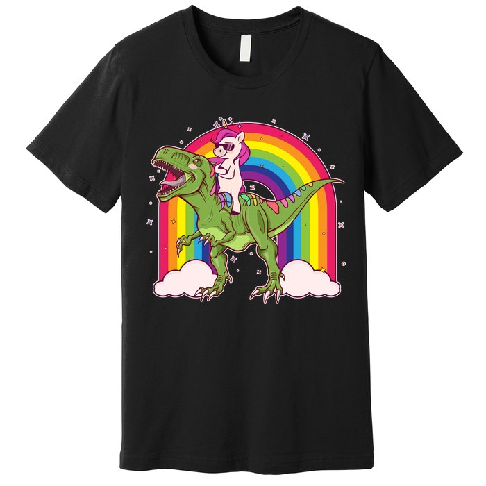 Funny Rainbow Unicorn Riding T-Rex Dinosaur Premium T-Shirt